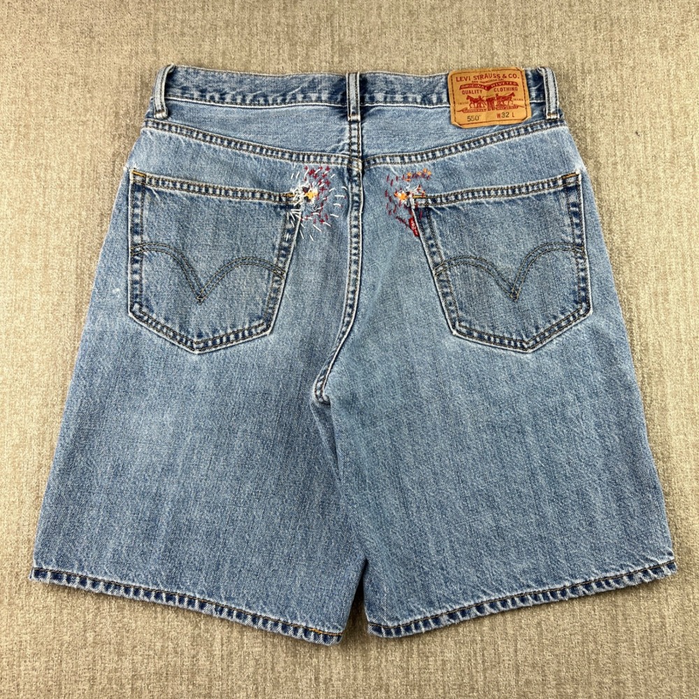 Levi's 550 Relaxed Fit Shorts Mens 32 Light Blue Custom Sashiko Repair Vintage